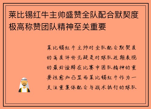 莱比锡红牛主帅盛赞全队配合默契度极高称赞团队精神至关重要 莱比锡红牛主帅盛赞全队配合默契度极高称赞团队精神至关重要